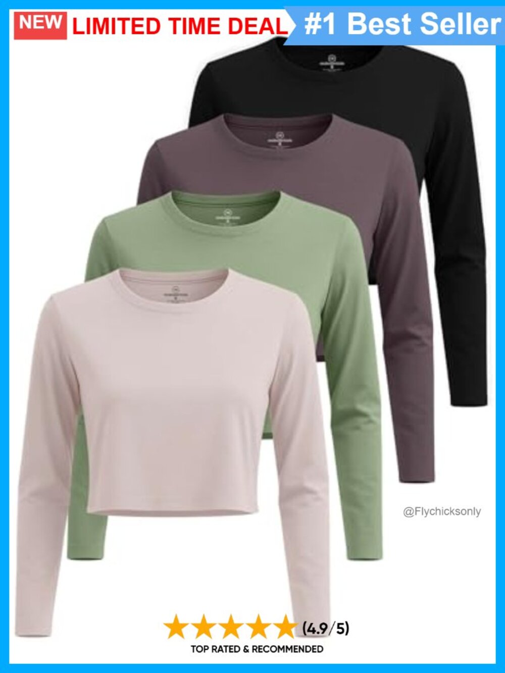 4 Pack Womens Cotton Crop Tops Long Sleeve Crew Neck Cropped Tees